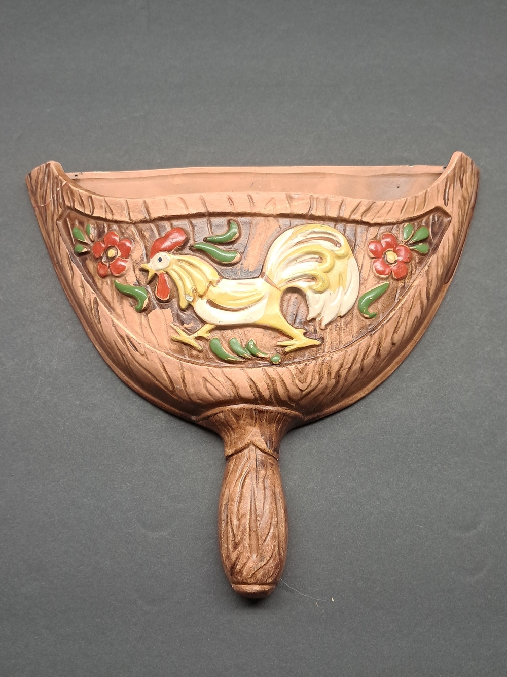 Enesco Brown Wall Pocket with Yellow Rooster and Red Floral Accents